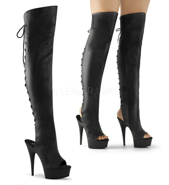 High Heel Overknee Plateau Stiefel Delight-3019 Kunstleder schwarz mit Schnürung hinten, offener Fersen- ubd Zehenbereich